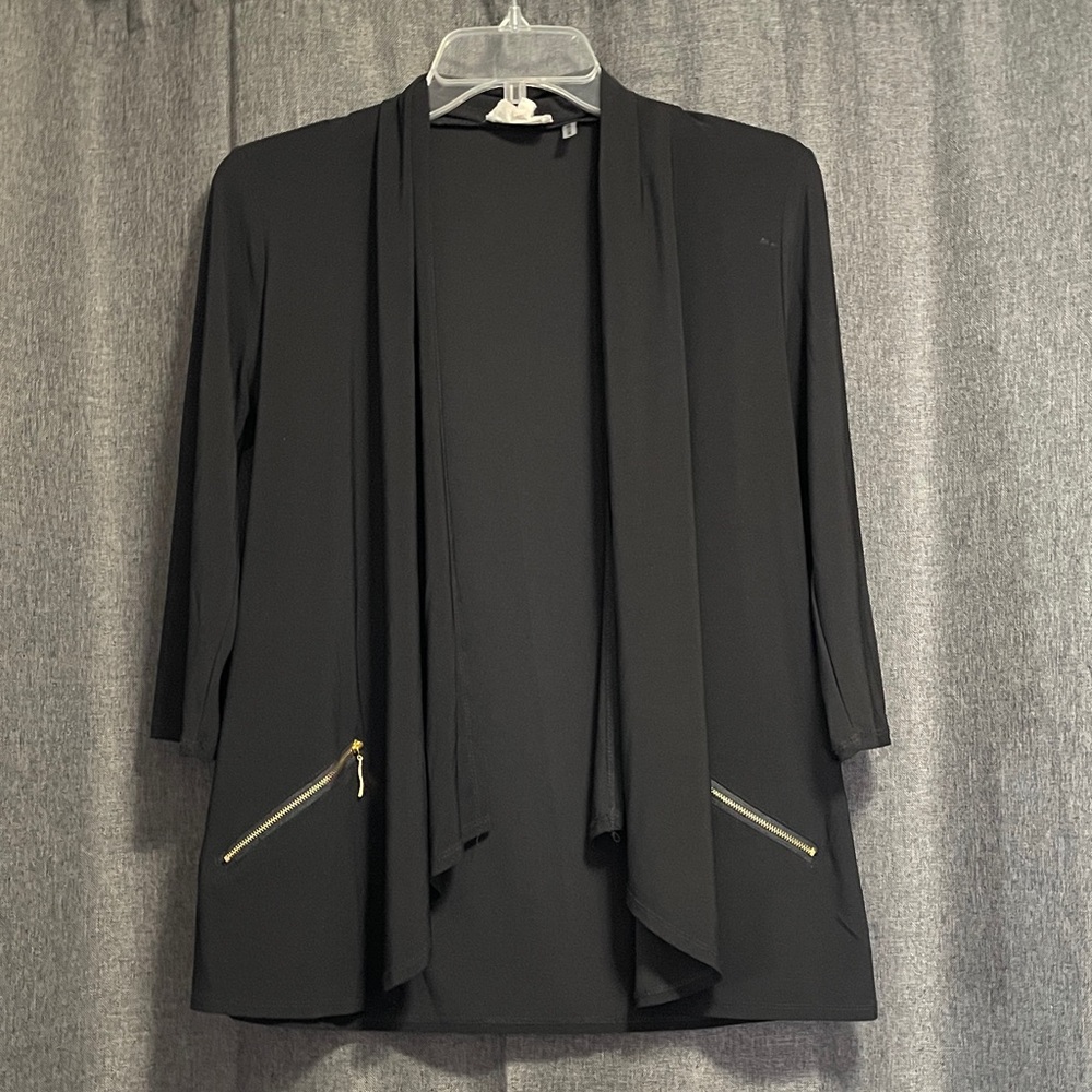 Carol Rose Black Open-Front Draped Jacket with Gold Zippers